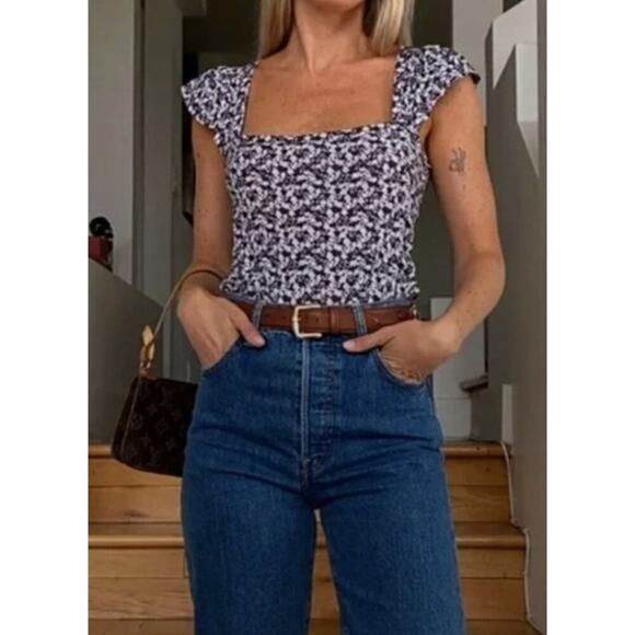 NATION LTD Pima Cotton Flutter Shortsleeve Floral Tee Size L (square neck) - Picture 3 of 5